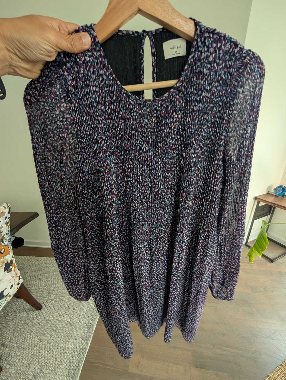 Aritzia Wilfred Purple Speckled Long Sleeve Pleated Dress XS Fully Lined
